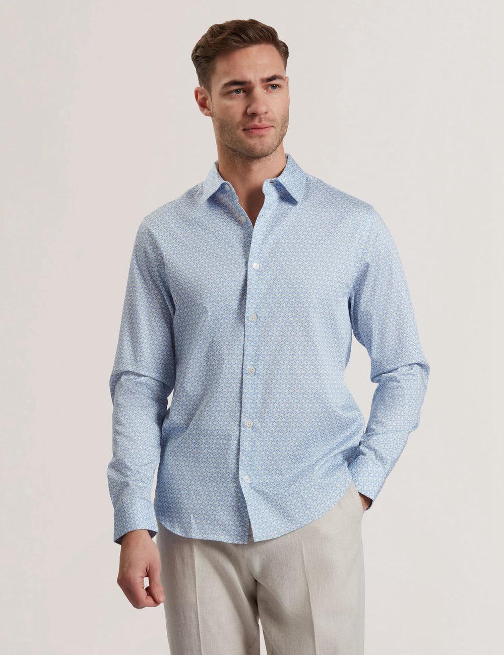 Men Ted Baker ALPHAIS - Regular Fit Geometric Pure Cotton Casual Shirts Mid-Blue | KSA  9837-XYQUM