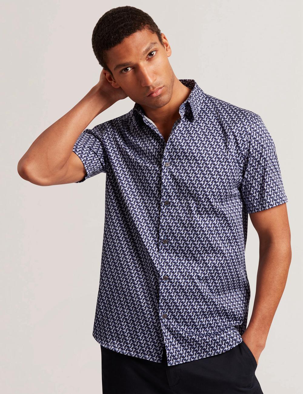 Men Ted Baker ALPHSO SS Regular Fit Geo Casual Shirts Navy | KSA  5014-CSXUF
