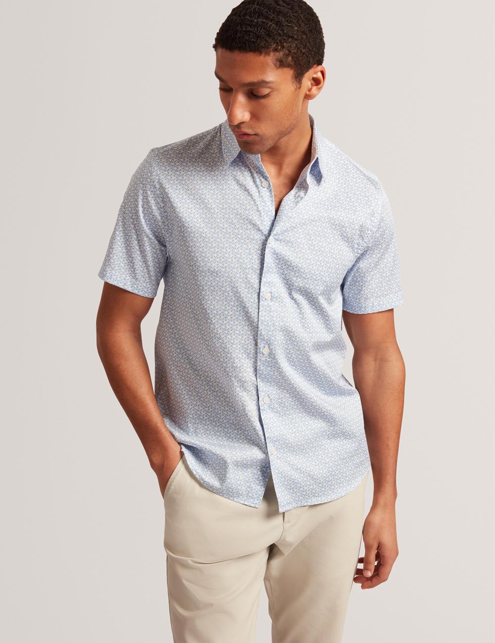 Men Ted Baker ALPHSO - SS Regular Fit Geo Casual Shirts Mid-Blue | KSA  5413-QAVSZ