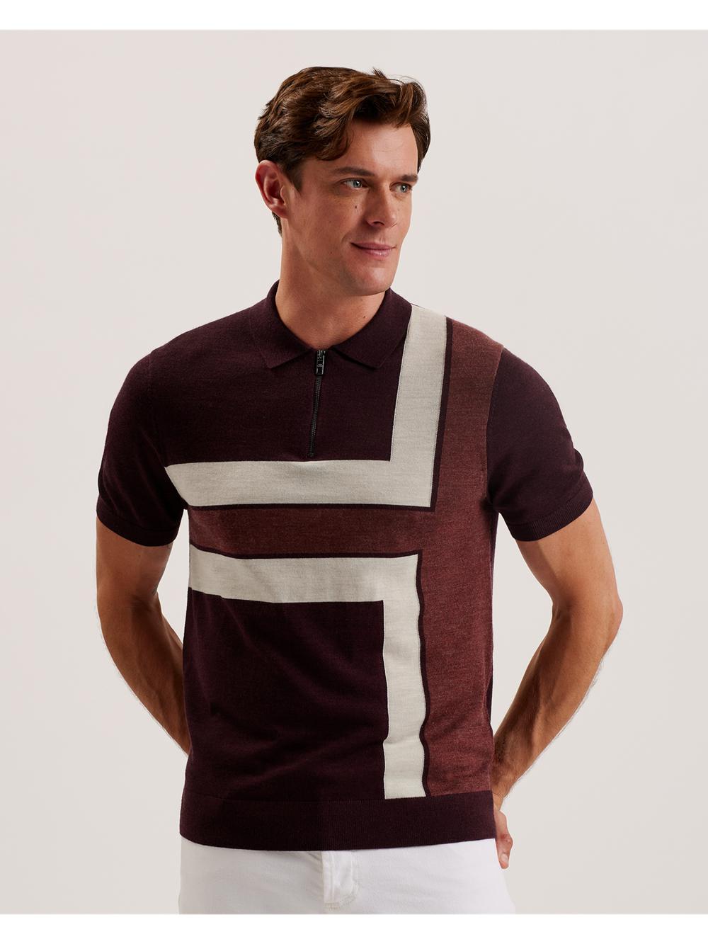 Men Ted Baker AMBLER - Colour Block Zip Neck Wool Polos Shirts Maroon | KSA  8024-AXWLC