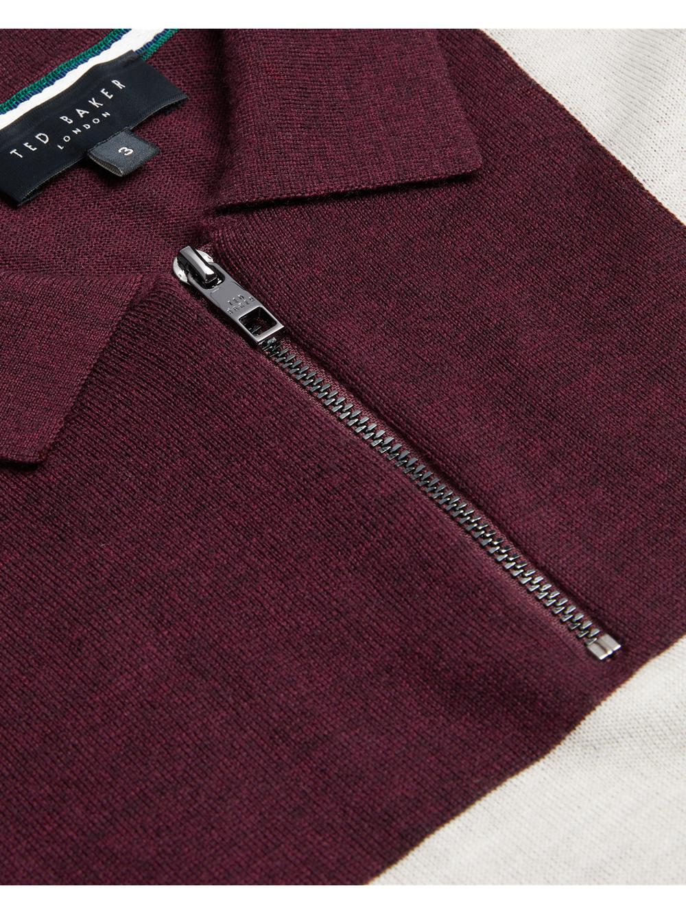 Men Ted Baker AMBLER - Colour Block Zip Neck Wool Polos Shirts Maroon | KSA  8024-AXWLC