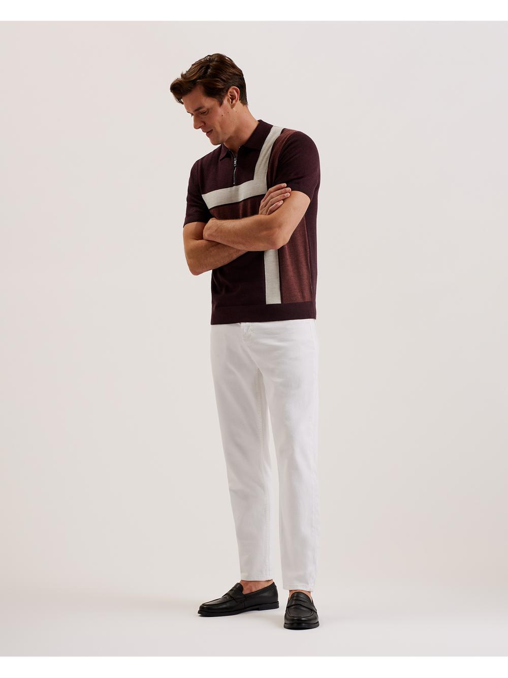 Men Ted Baker AMBLER - Colour Block Zip Neck Wool Polos Shirts Maroon | KSA  8024-AXWLC