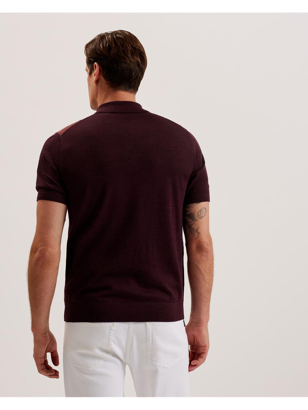 Men Ted Baker AMBLER - Colour Block Zip Neck Wool Polos Shirts Maroon | KSA  8024-AXWLC