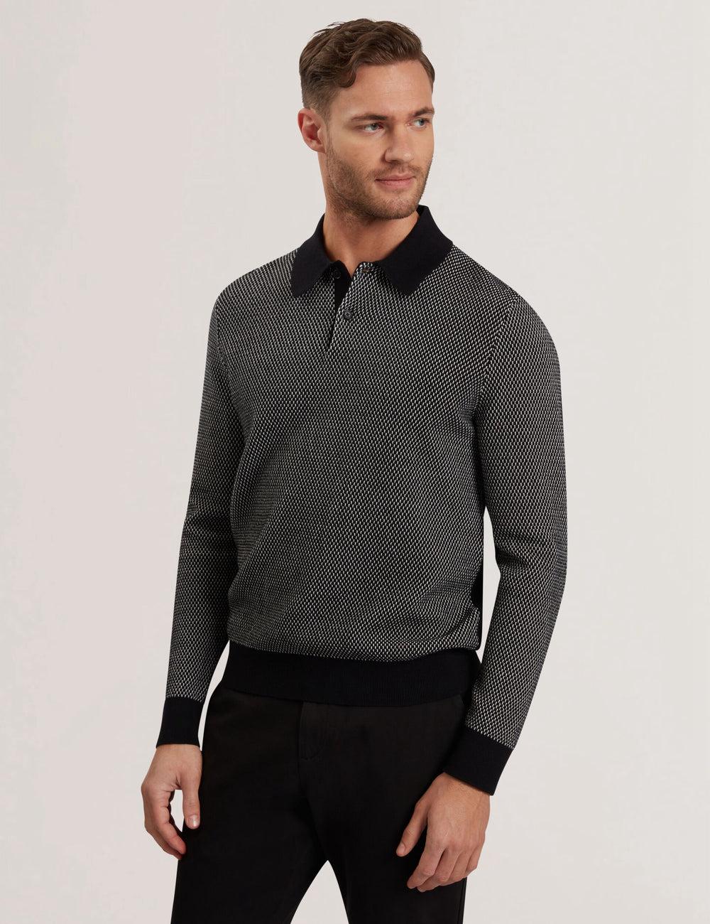 Men Ted Baker ARDO - Textured Knit Long Sleeve Polos Shirts Black | KSA  6239-EDVJI
