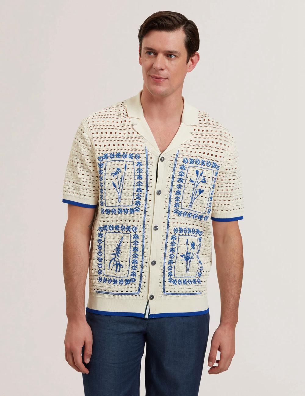 Men Ted Baker BARRI - Short Sleeve Crochet Embroidered Casual Shirts Ecru | KSA  4308-CDBVG