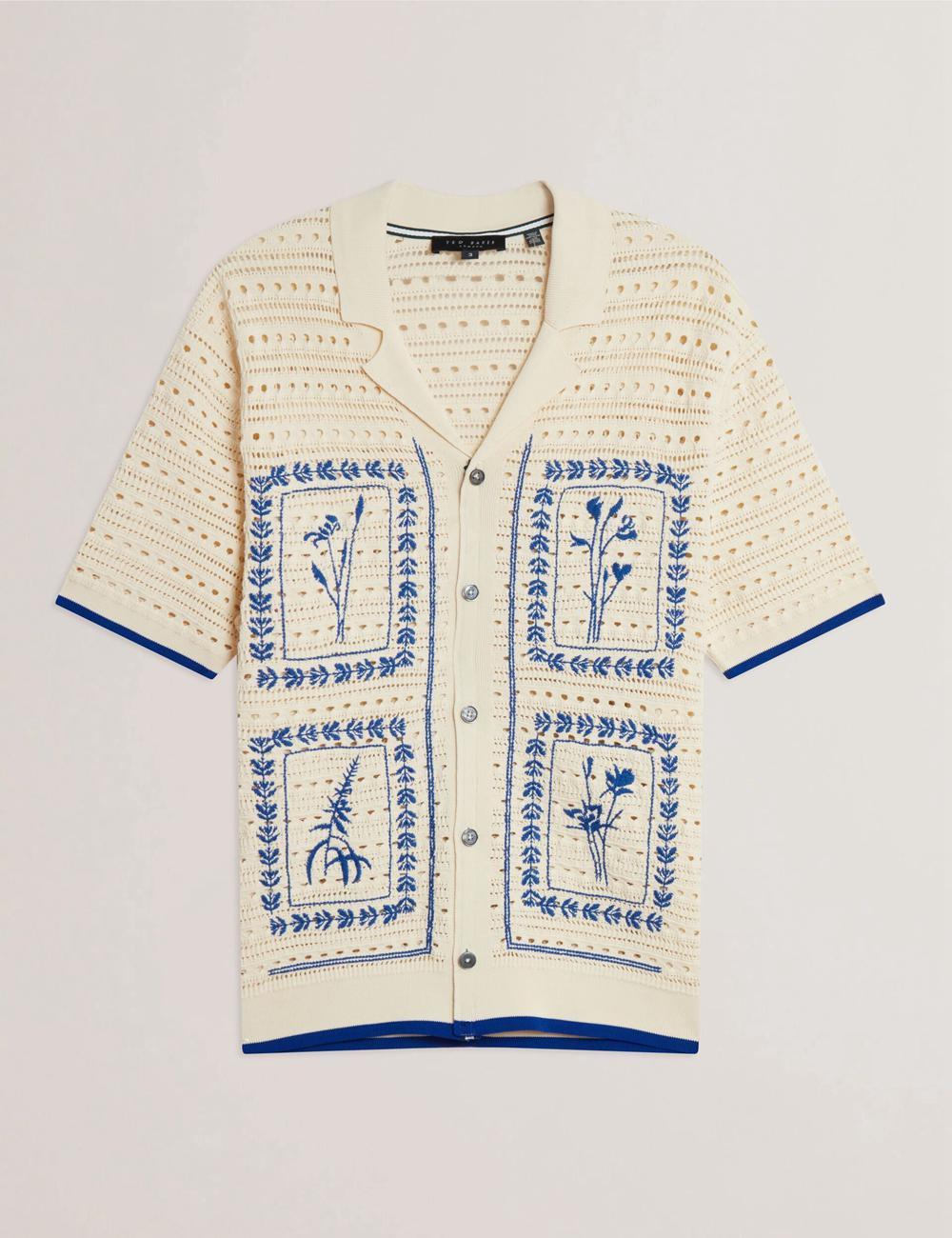 Men Ted Baker BARRI - Short Sleeve Crochet Embroidered Casual Shirts Ecru | KSA  4308-CDBVG