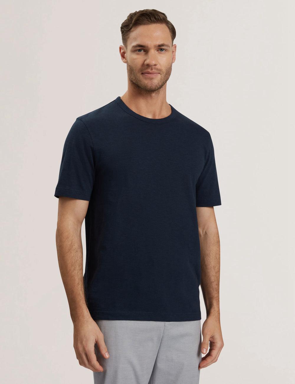 Men Ted Baker BARTOL - Regular Cotton Linen Crew Neck T-Shirts Navy | KSA  0126-HISPW