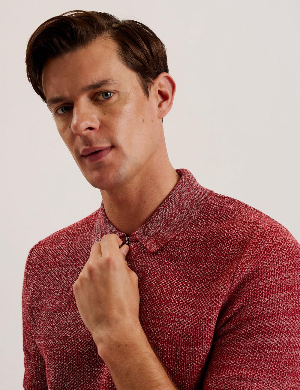 Men Ted Baker BLOSSAM - Space Dye Zip Neck Polos Shirts Red | KSA  3059-ILCBX
