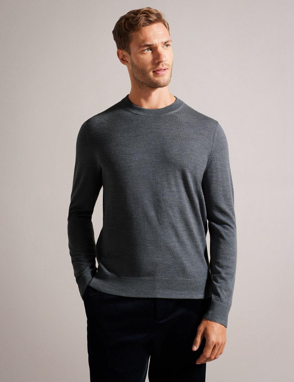 Men Ted Baker CARNBY - Pure Wool Crew Neck Jumpers Charcoal | KSA  8532-XKECL