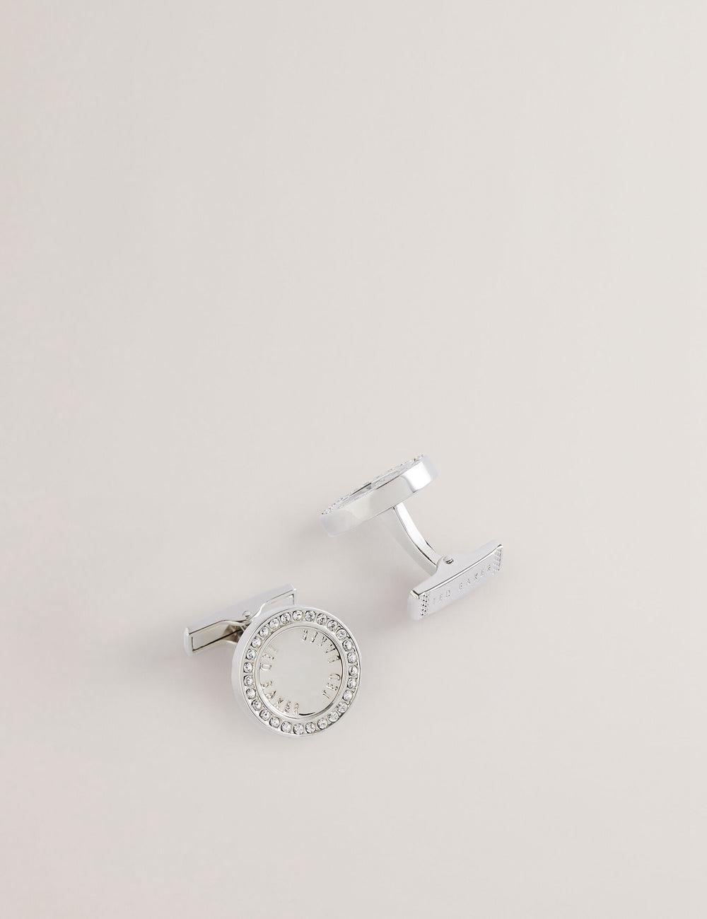 Men Ted Baker CRUZ - Crystal Border Logo Round Cufflinks Silver | KSA  6974-ZAMRG