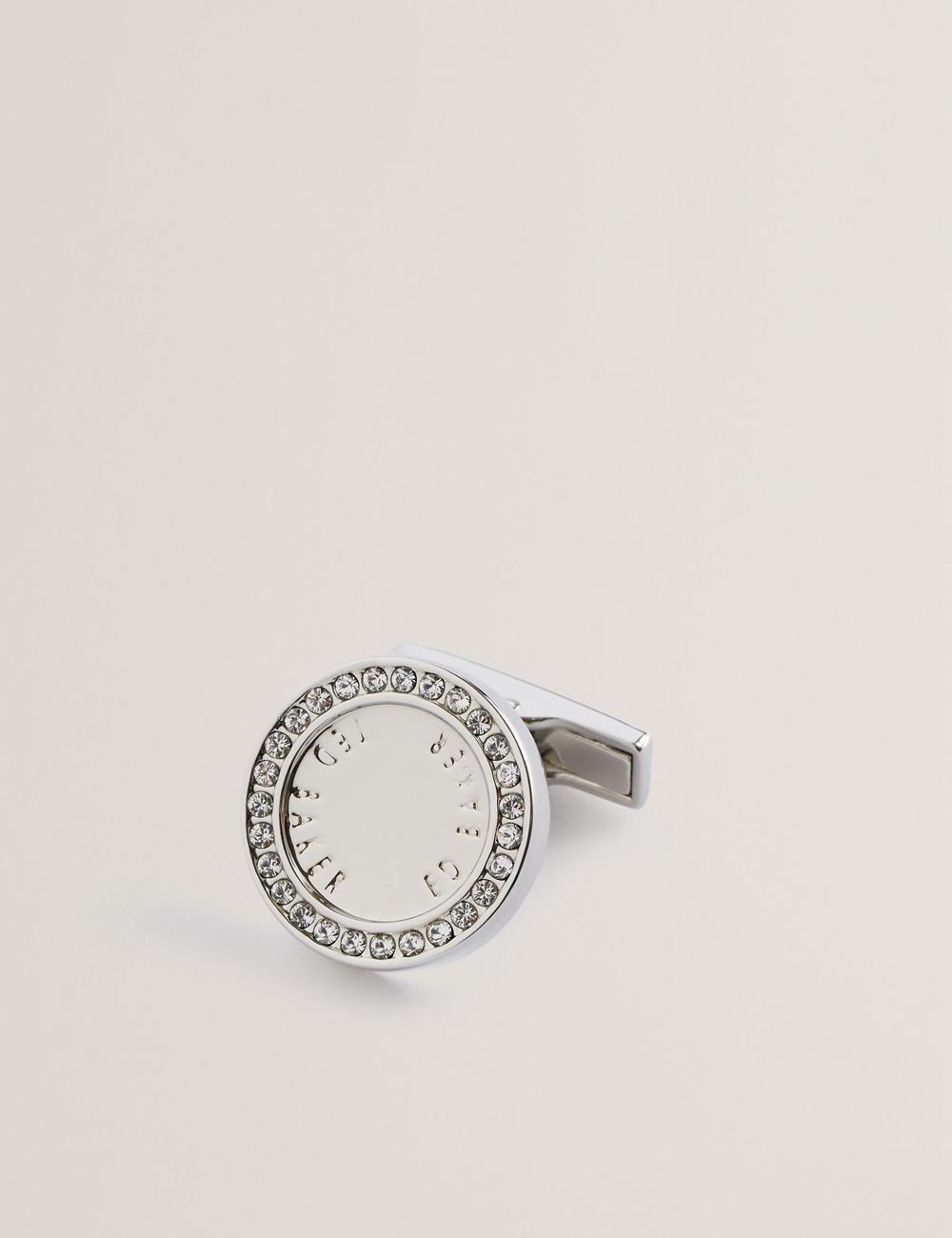 Men Ted Baker CRUZ - Crystal Border Logo Round Cufflinks Silver | KSA  6974-ZAMRG