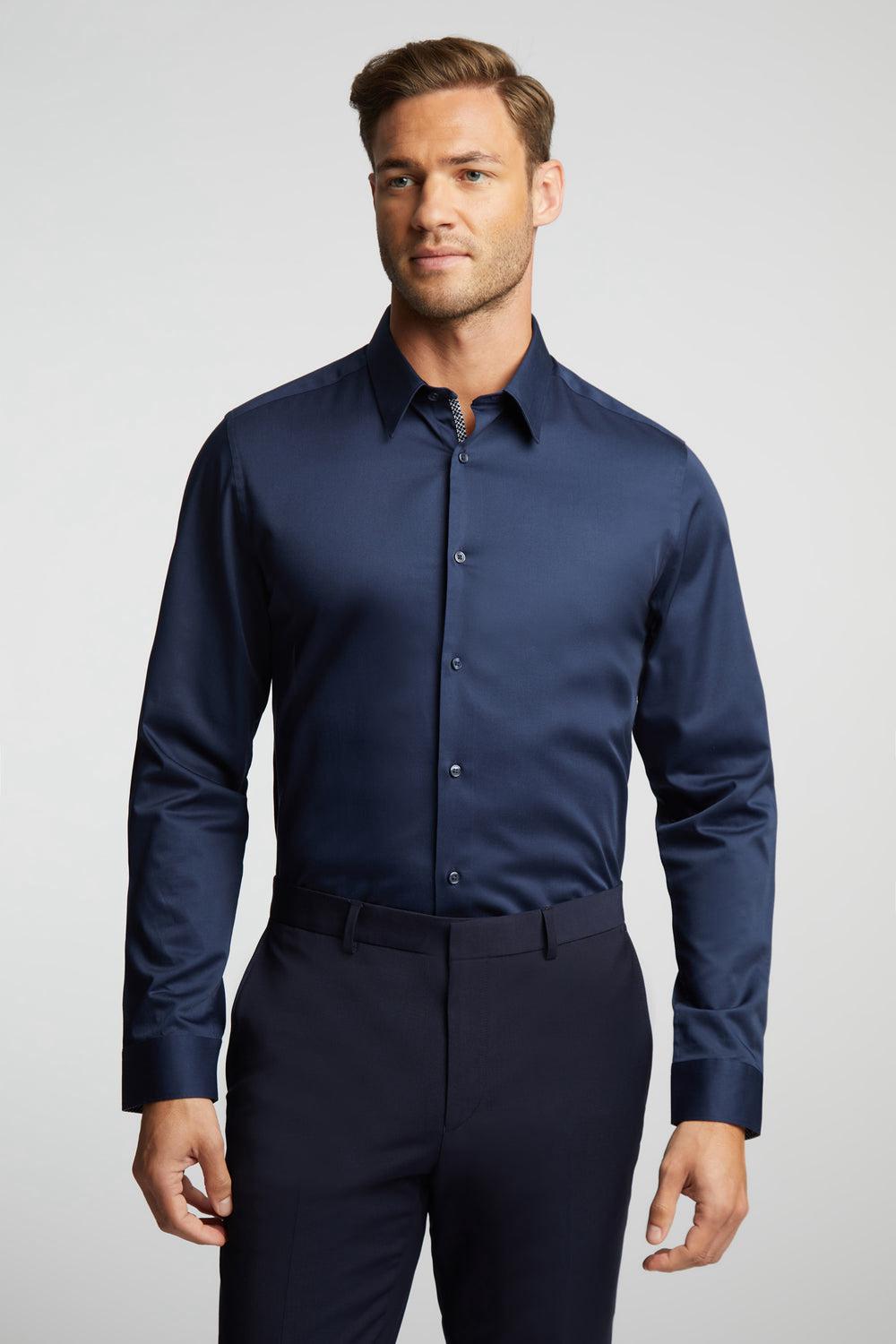 Men Ted Baker DUDDON - Navy Slim Fit Long Sleeve Cotton Formal Shirts Navy | KSA  1894-WVBNE
