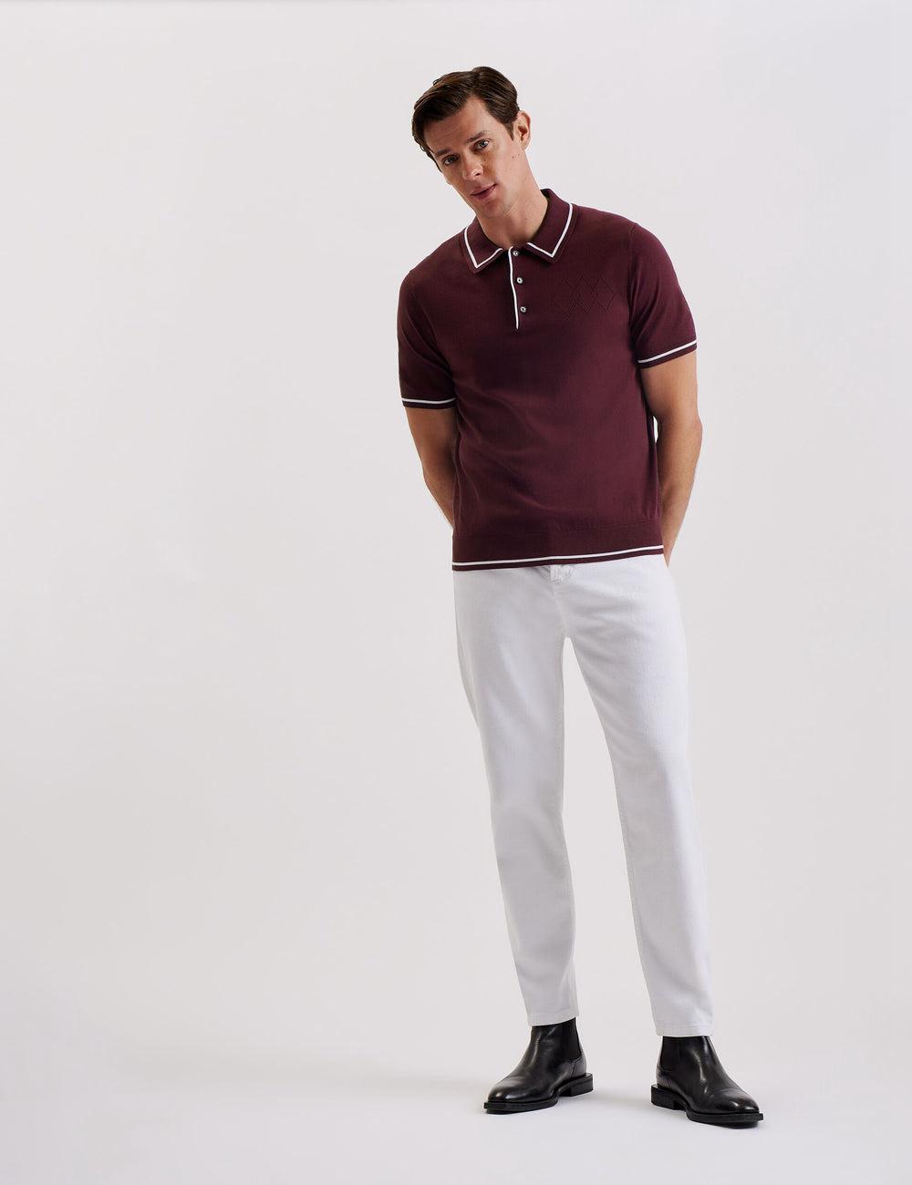 Men Ted Baker DUNOW - Pointelle Detail Striped Trim Polos Shirts Maroon | KSA  9318-JYLPF