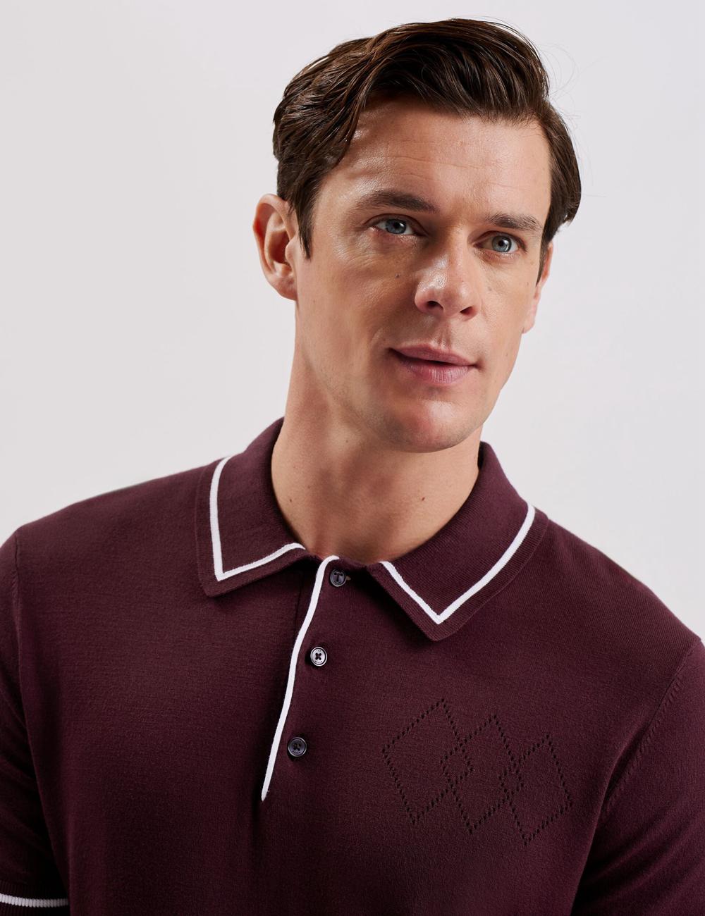 Men Ted Baker DUNOW - Pointelle Detail Striped Trim Polos Shirts Maroon | KSA  9318-JYLPF