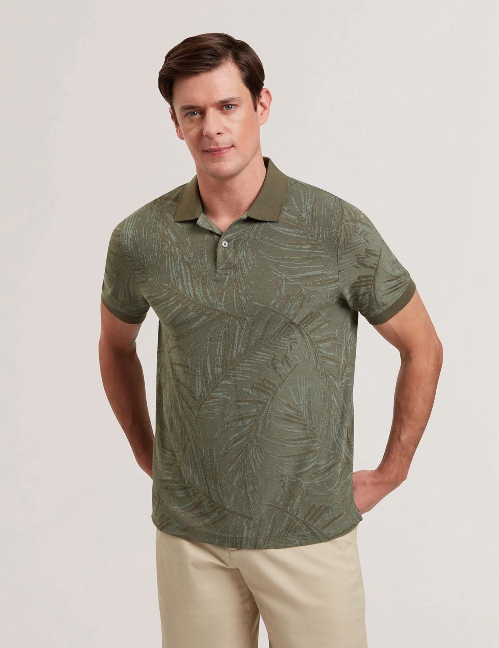 Men Ted Baker EDWINE - Leaf Print Short Sleeve Polos Shirts Khaki | KSA  3627-FQGAS