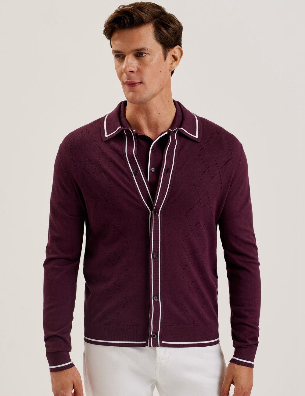 Men Ted Baker ELMDON - Pointelle Diamond Knitted Long Sleeve Casual Shirts Maroon | KSA  9250-OBIZS