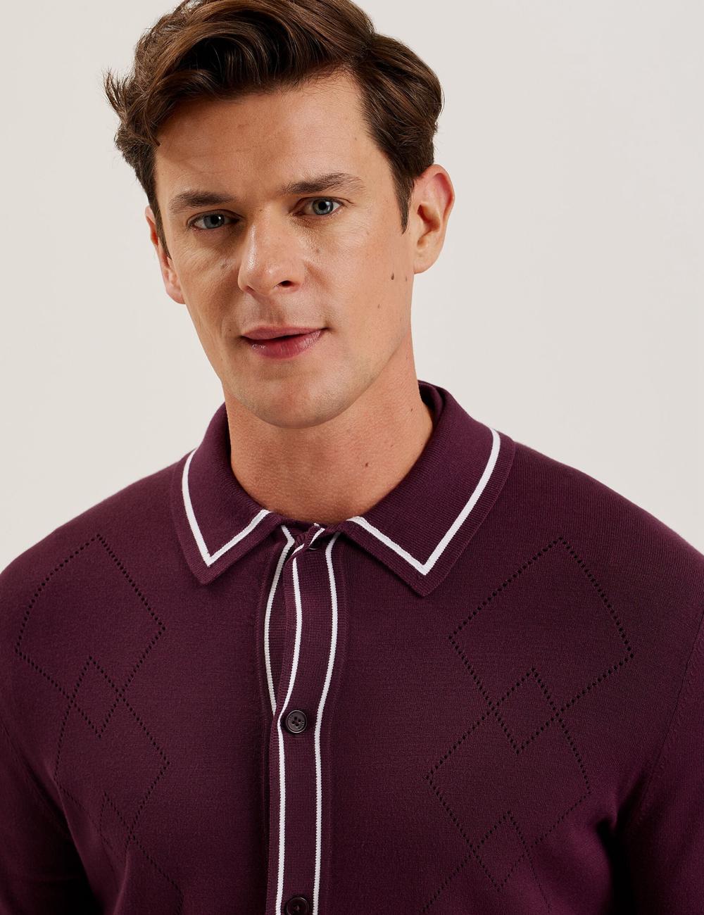 Men Ted Baker ELMDON - Pointelle Diamond Knitted Long Sleeve Casual Shirts Maroon | KSA  9250-OBIZS
