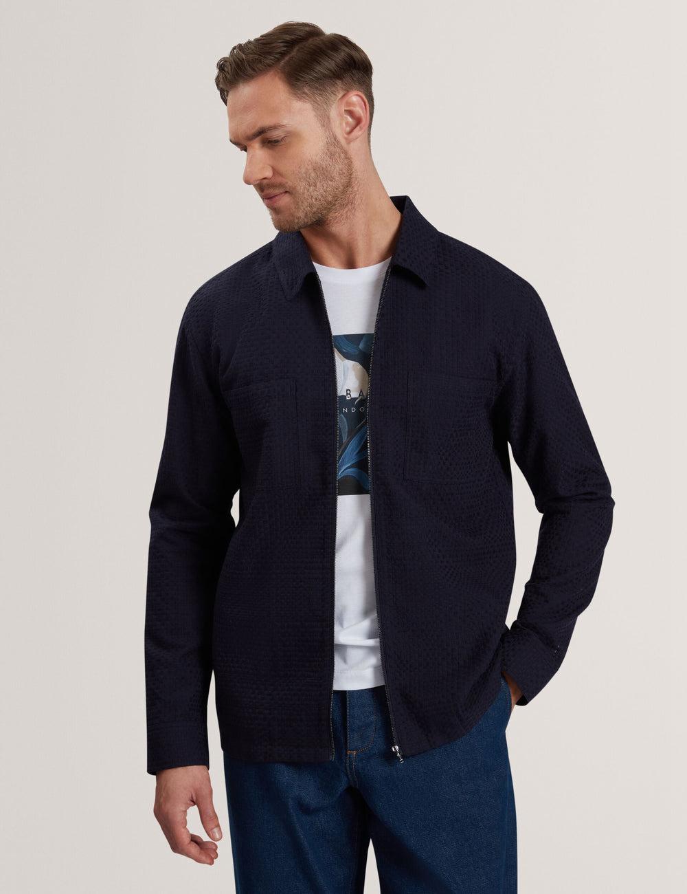 Men Ted Baker KAILINS - Long Sleeve Zip-Through Cotton Overshirt Overshirts Navy | KSA  8497-XEHGM