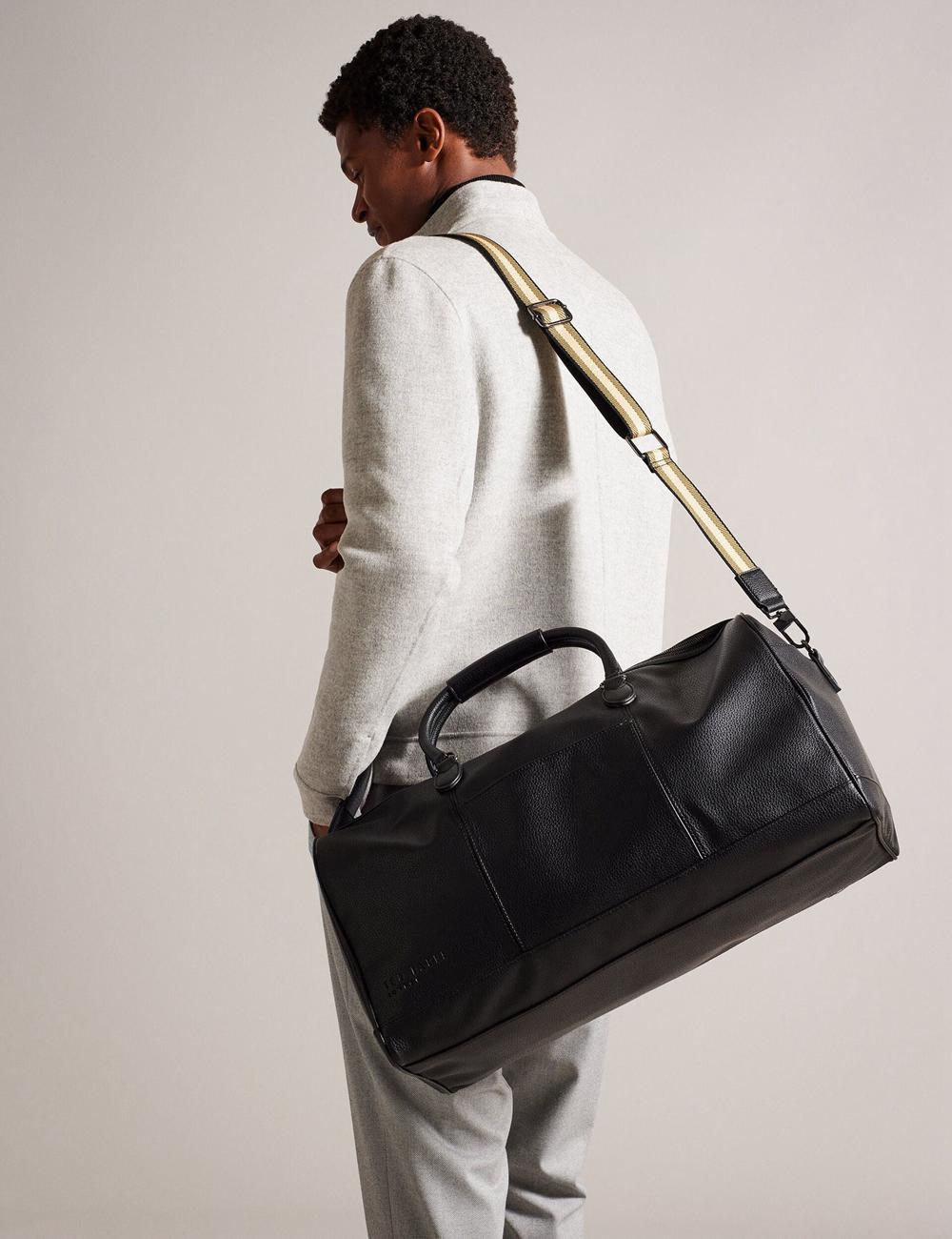 Men Ted Baker KALVIN - Webbing Faux Leather Holdall Bags Black | KSA  4782-IRYTD
