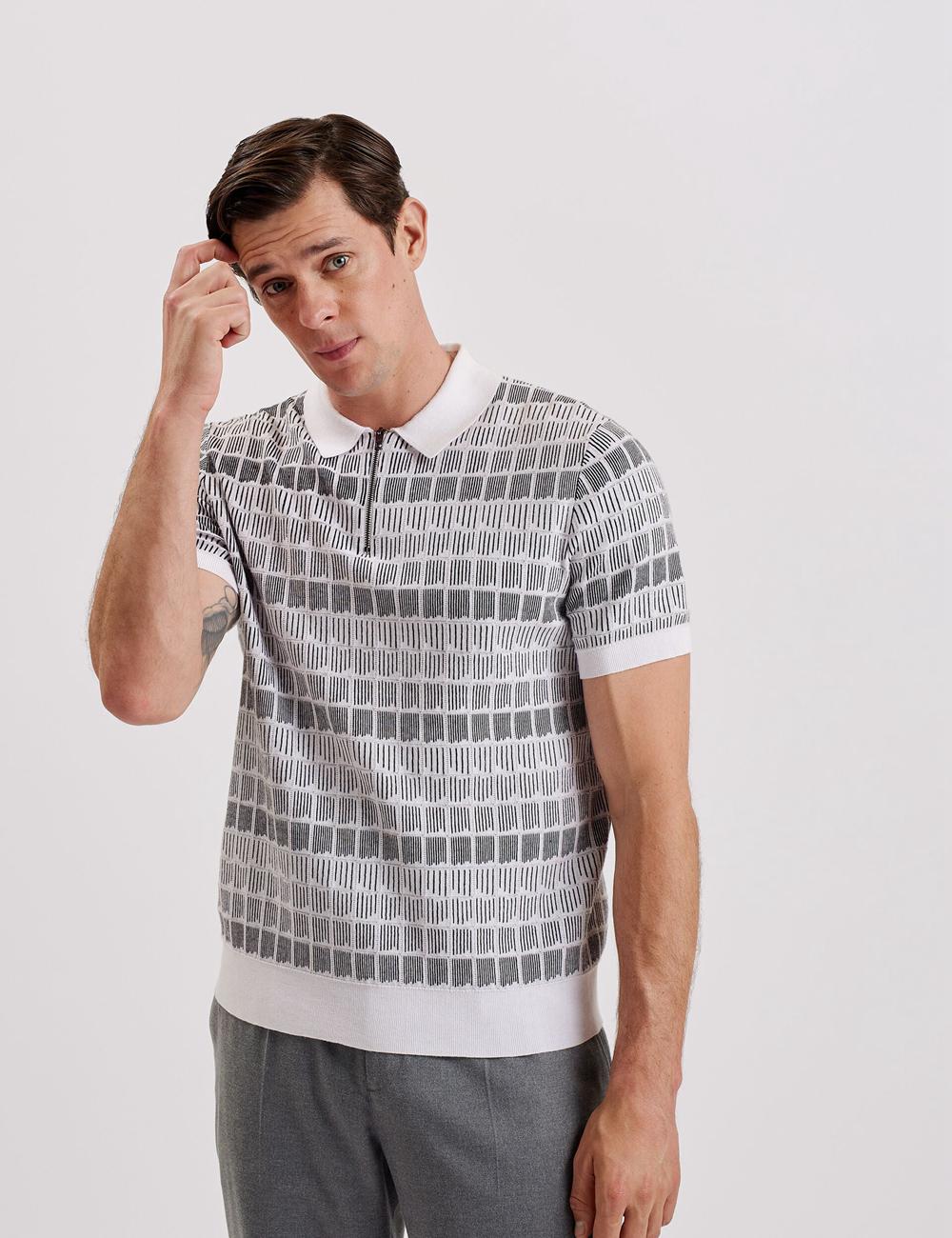 Men Ted Baker LEVERS - Ombre Jacquard Zip Neck Polos Shirts White | KSA  6283-OXFWL