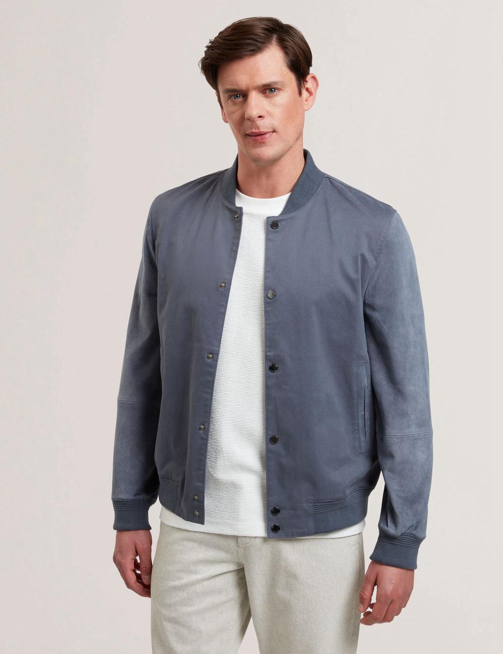 Men Ted Baker LIAMS - Cotton Twill & Suede Bomber Jackets Mid-Blue | KSA  6490-PROBE