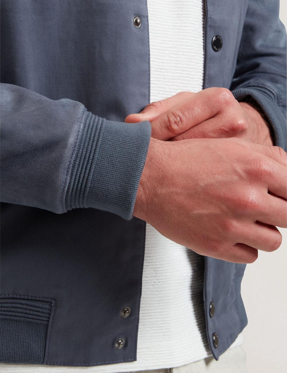 Men Ted Baker LIAMS - Cotton Twill & Suede Bomber Jackets Mid-Blue | KSA  6490-PROBE