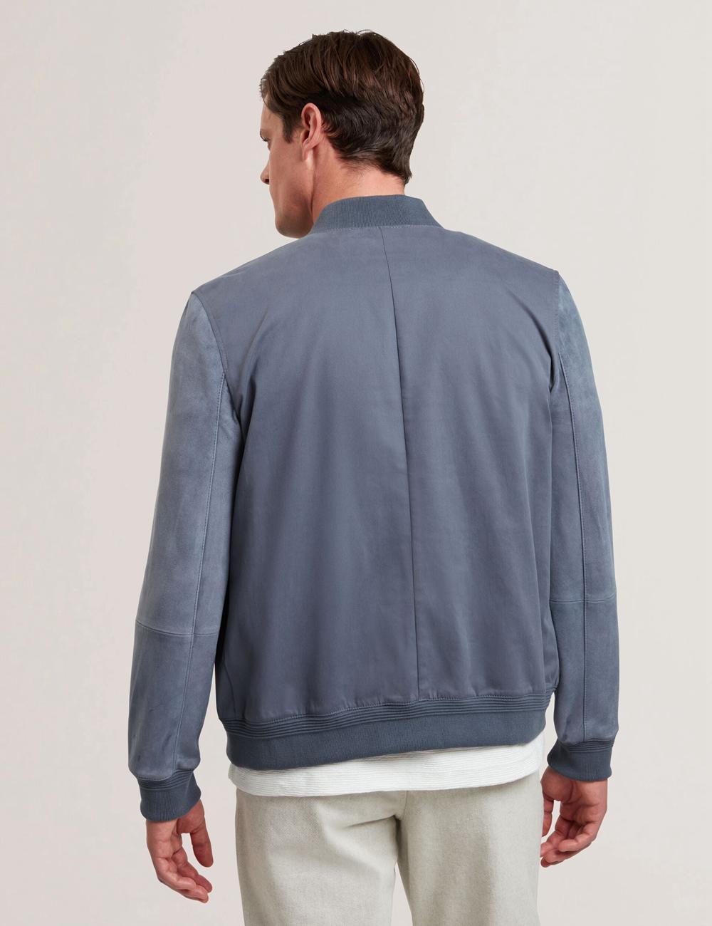 Men Ted Baker LIAMS - Cotton Twill & Suede Bomber Jackets Mid-Blue | KSA  6490-PROBE