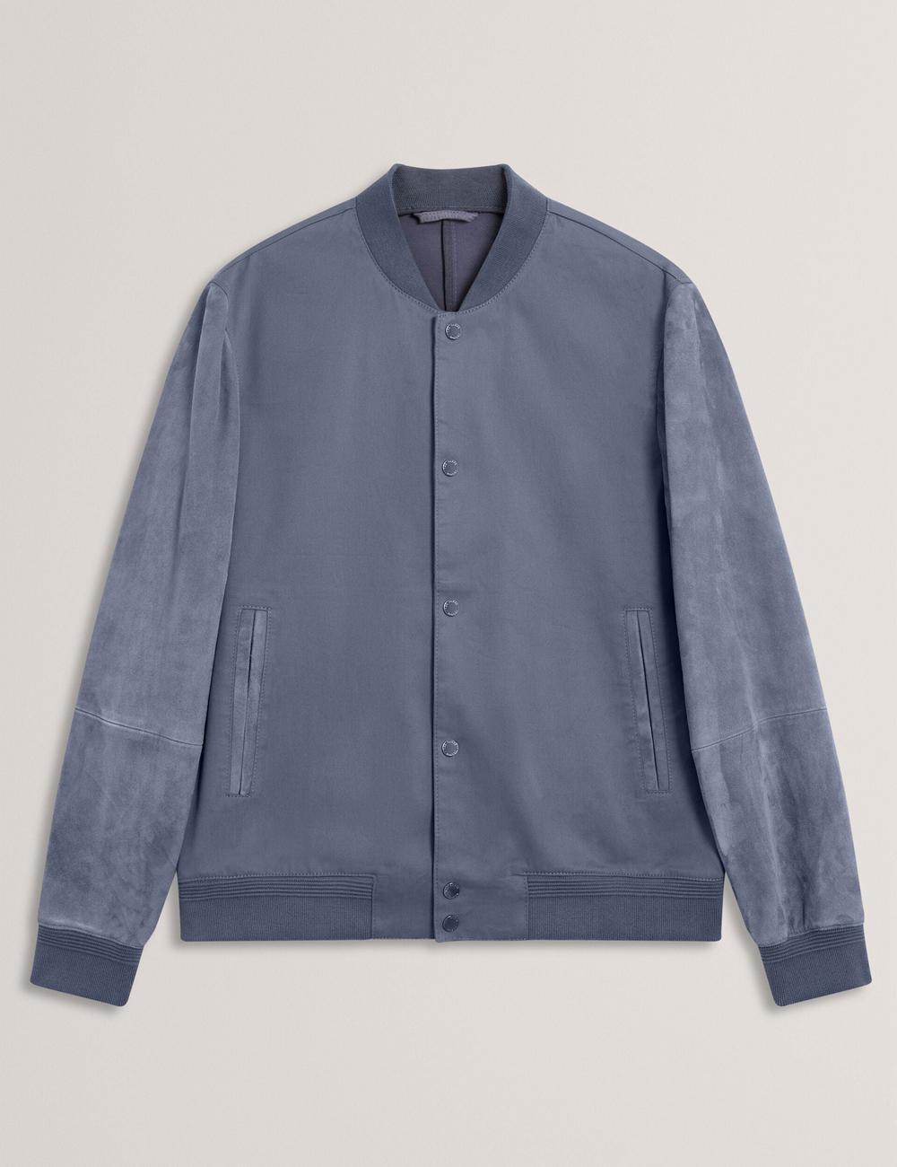Men Ted Baker LIAMS - Cotton Twill & Suede Bomber Jackets Mid-Blue | KSA  6490-PROBE