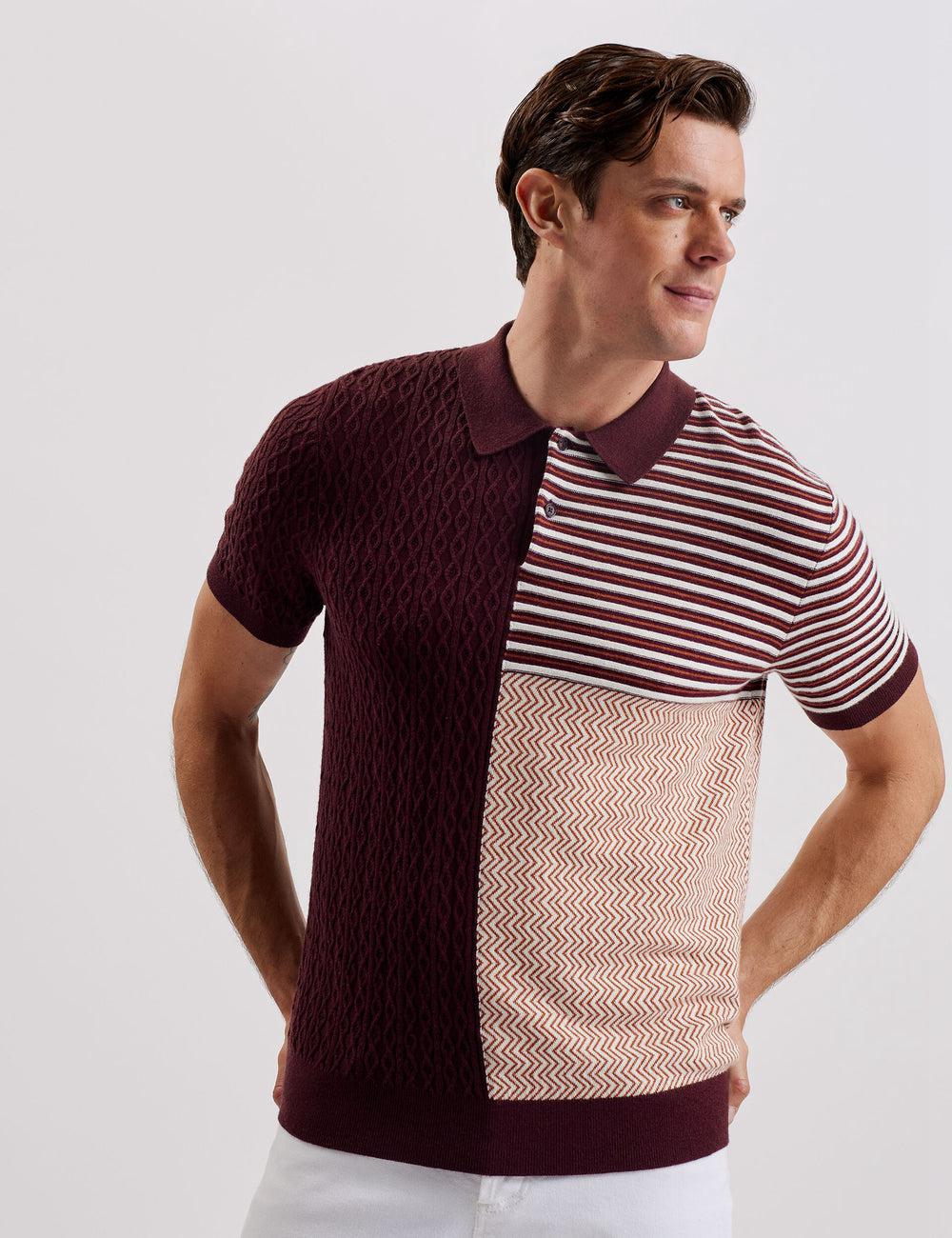 Men Ted Baker MINSTA - Textured Patchwork Knit Polos Shirts Maroon | KSA  7482-LYSER