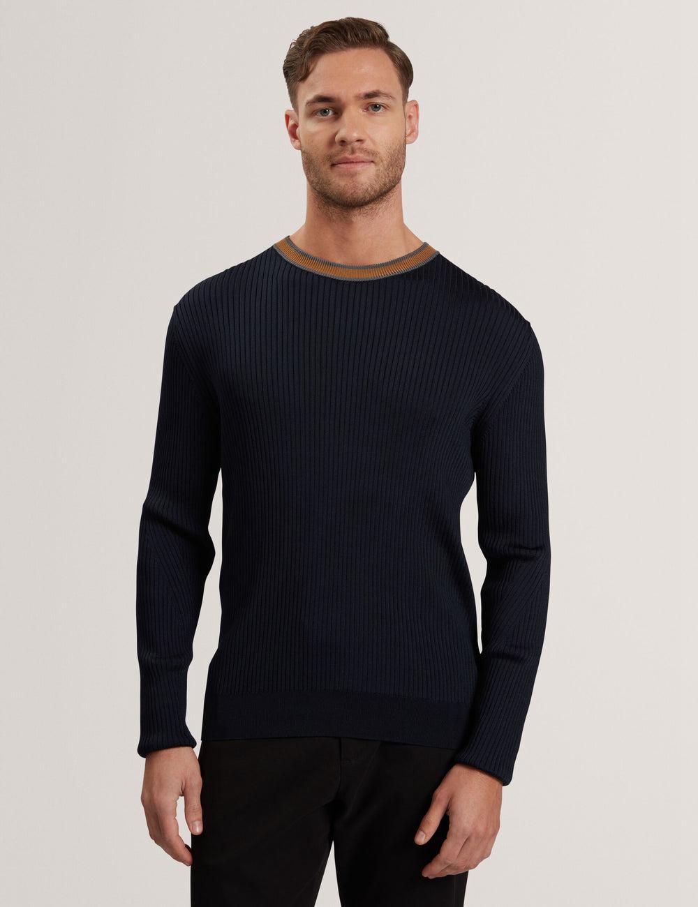 Men Ted Baker NAYOR - Long Sleeve Rayon Ribbed Crew Neck Jumpers Navy | KSA  8120-WMPBV