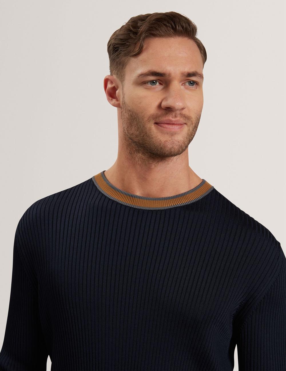Men Ted Baker NAYOR - Long Sleeve Rayon Ribbed Crew Neck Jumpers Navy | KSA  8120-WMPBV