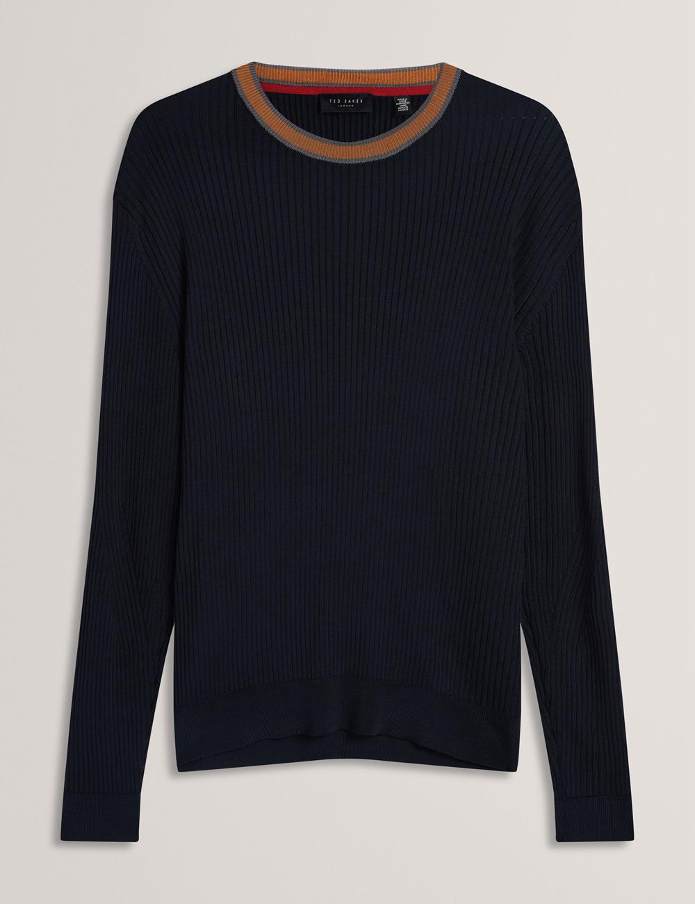 Men Ted Baker NAYOR - Long Sleeve Rayon Ribbed Crew Neck Jumpers Navy | KSA  8120-WMPBV