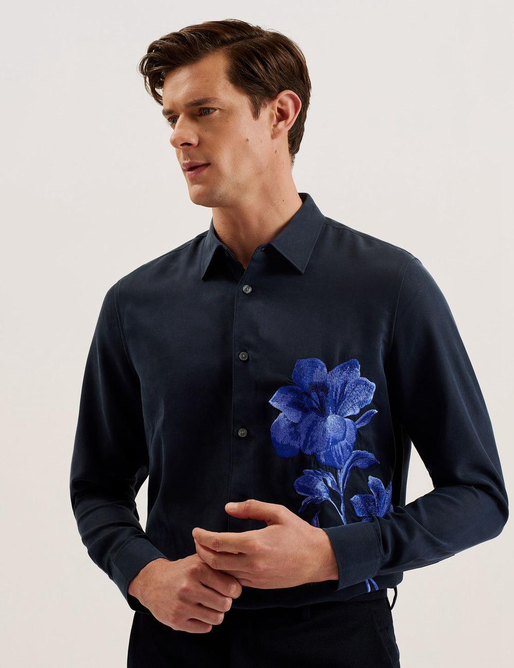 Men Ted Baker NESSMEN - Embroidered Detail Relaxed Fit Casual Shirts Navy | KSA  7405-HDUGB