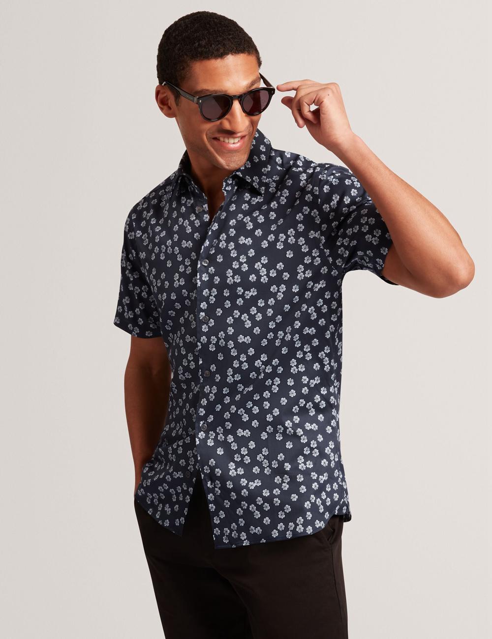 Men Ted Baker NIKSHO - Short Sleeve Slim Ditsy Floral Casual Shirts Navy | KSA  1056-SJAQR