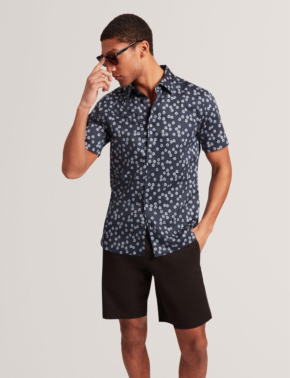 Men Ted Baker NIKSHO - Short Sleeve Slim Ditsy Floral Casual Shirts Navy | KSA  1056-SJAQR