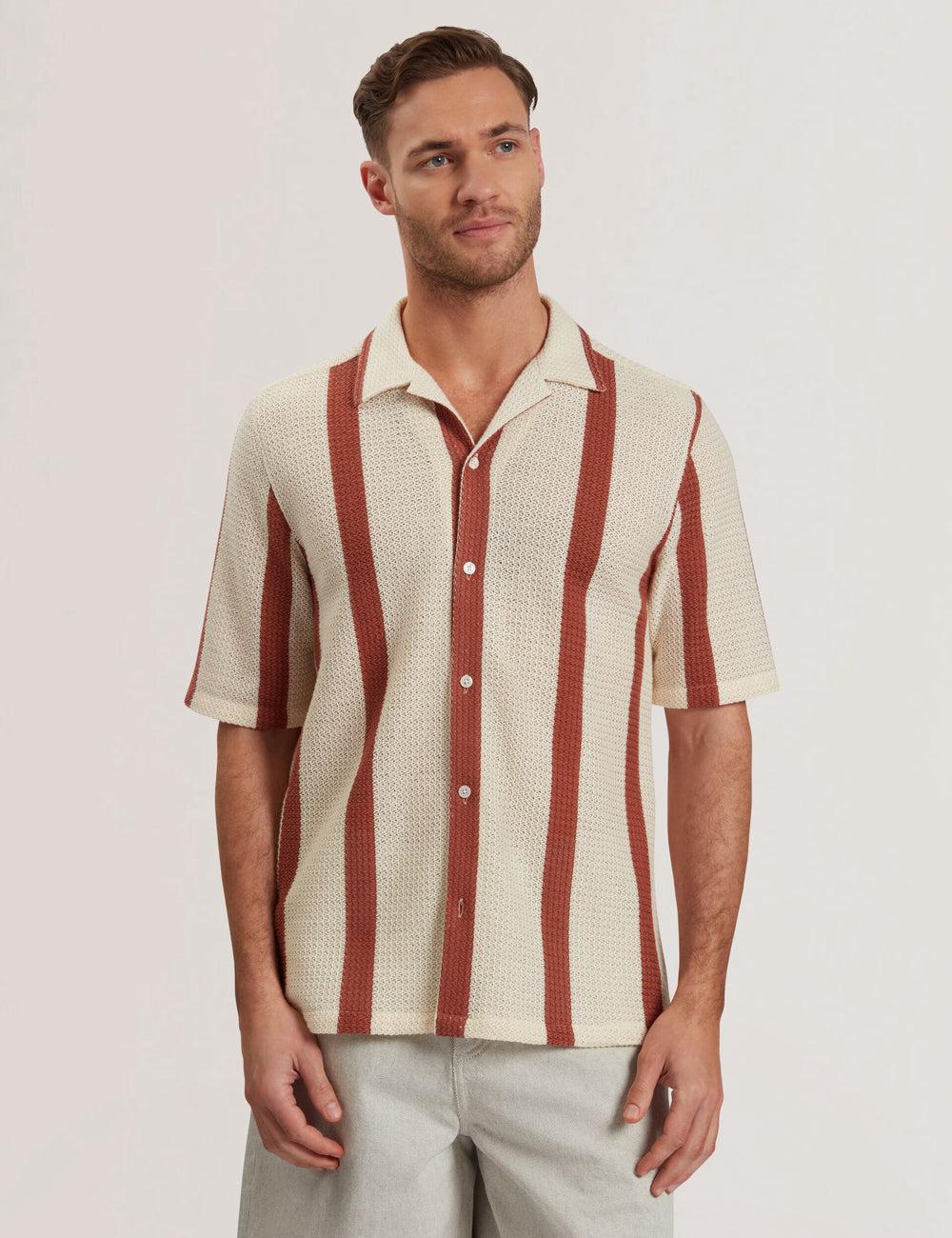 Men Ted Baker NIKS - Short Sleeve Stripe Crochet Oversized Casual Shirts Taupe | KSA  4963-EDIBC