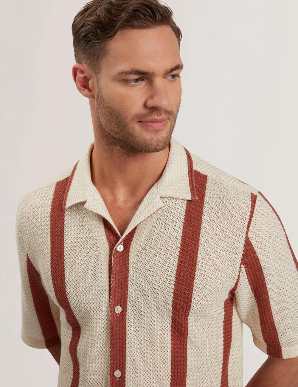 Men Ted Baker NIKS - Short Sleeve Stripe Crochet Oversized Casual Shirts Taupe | KSA  4963-EDIBC
