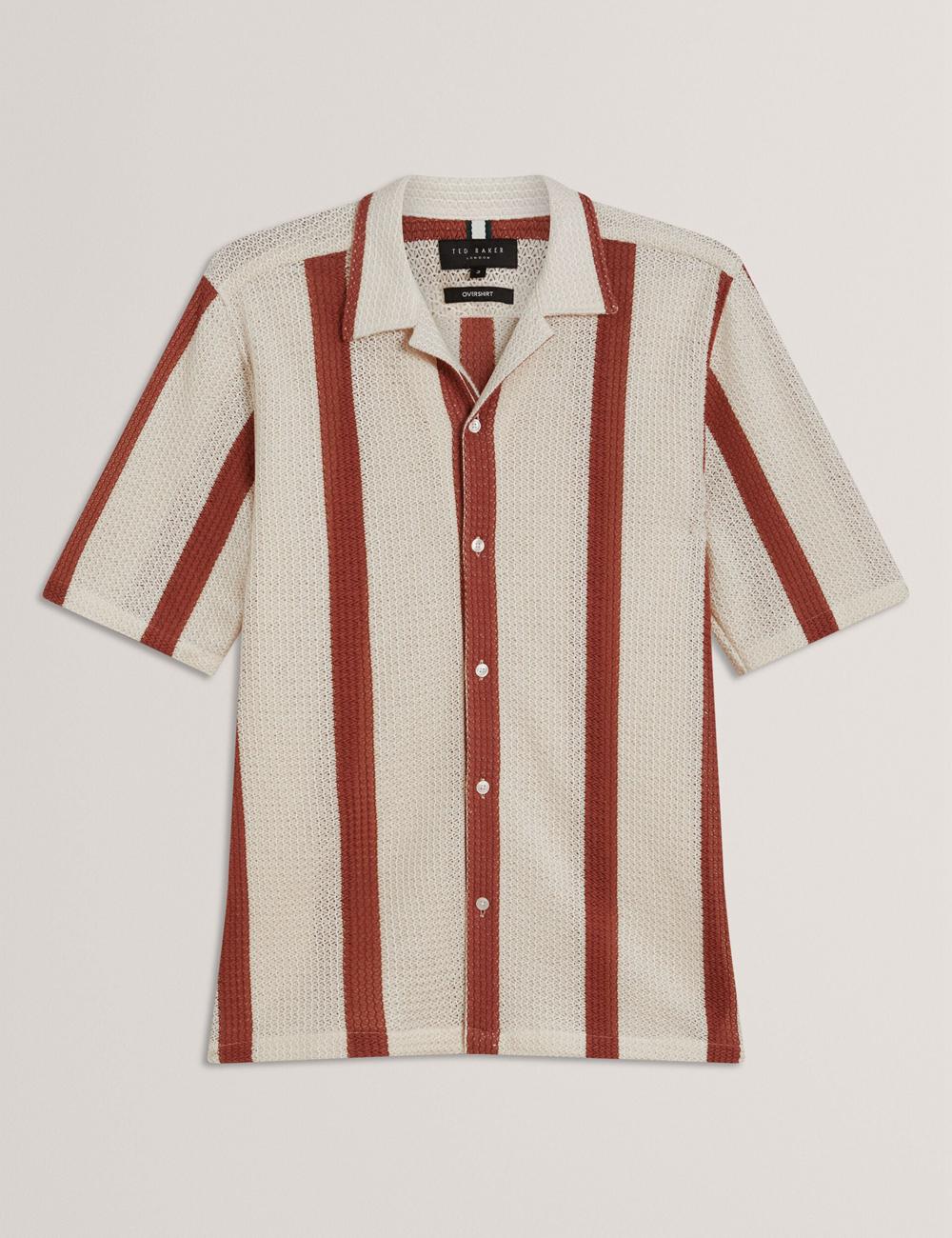 Men Ted Baker NIKS - Short Sleeve Stripe Crochet Oversized Casual Shirts Taupe | KSA  4963-EDIBC