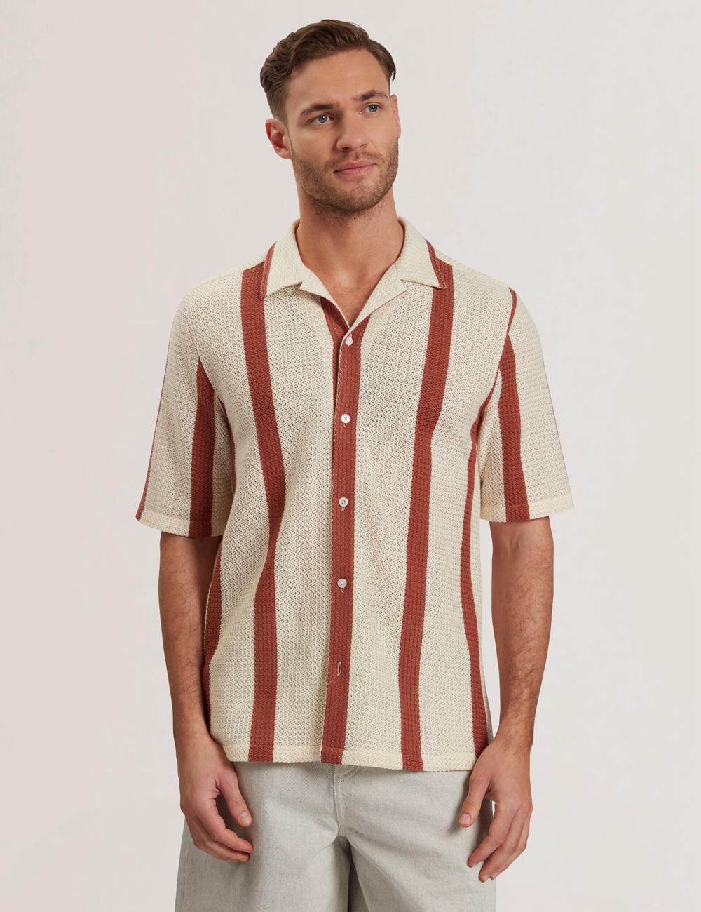 Men Ted Baker NIKS - Short Sleeve Stripe Crochet Oversized Casual Shirts Taupe | KSA  4963-EDIBC