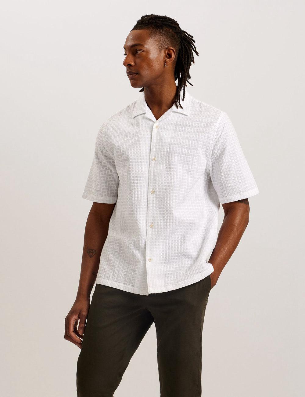 Men Ted Baker OISE - Textured Grid Cotton Short Sleeve Casual Shirts White | KSA  2739-KDQAM