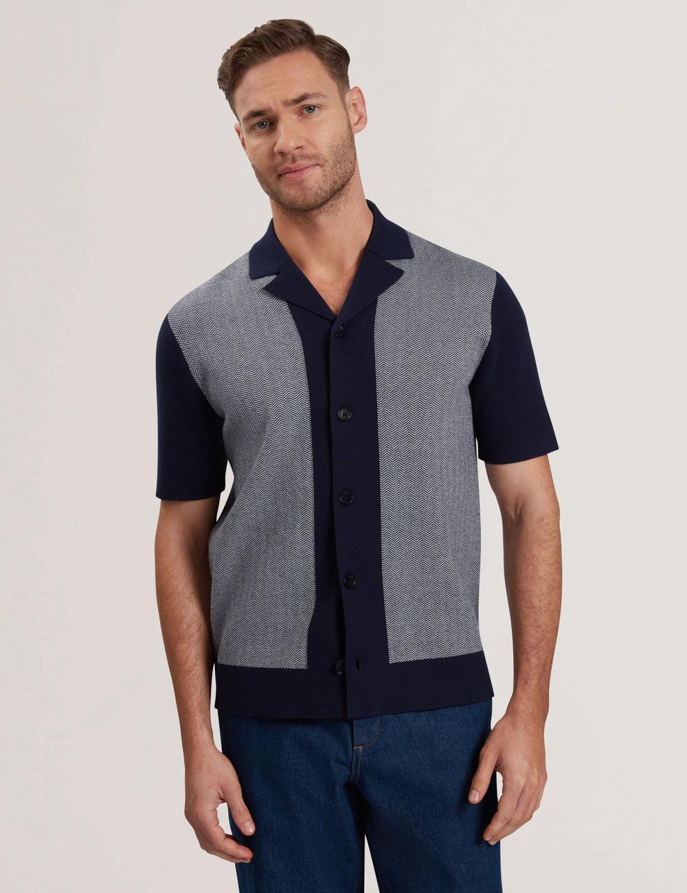 Men Ted Baker PADRIG - Herringbone Knit Colour Block Short Sleeve Casual Shirts Navy | KSA  9867-RPEXV