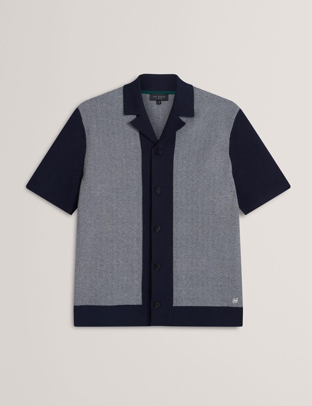 Men Ted Baker PADRIG - Herringbone Knit Colour Block Short Sleeve Casual Shirts Navy | KSA  9867-RPEXV
