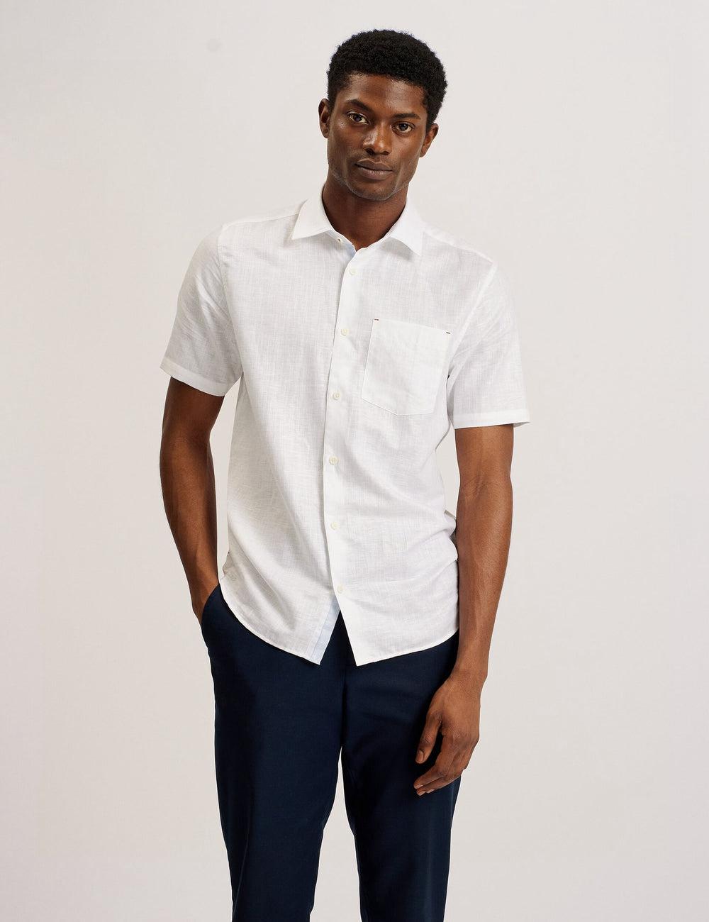 Men Ted Baker PALOMAS - Short Sleeve Textured Linen Cotton Casual Shirts White | KSA  1768-YGTCP