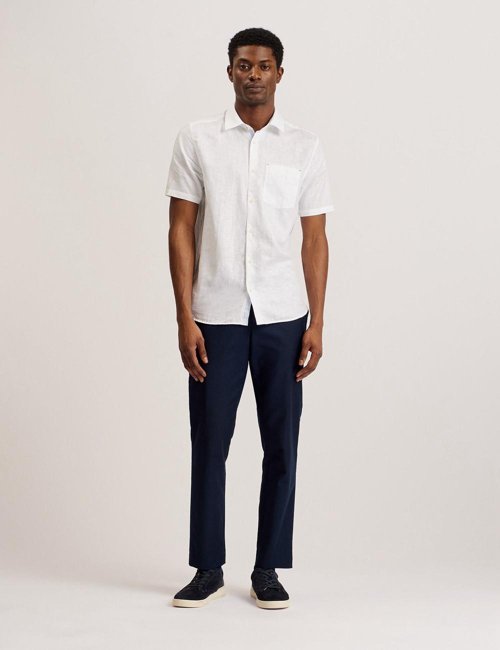 Men Ted Baker PALOMAS - Short Sleeve Textured Linen Cotton Casual Shirts White | KSA  1768-YGTCP