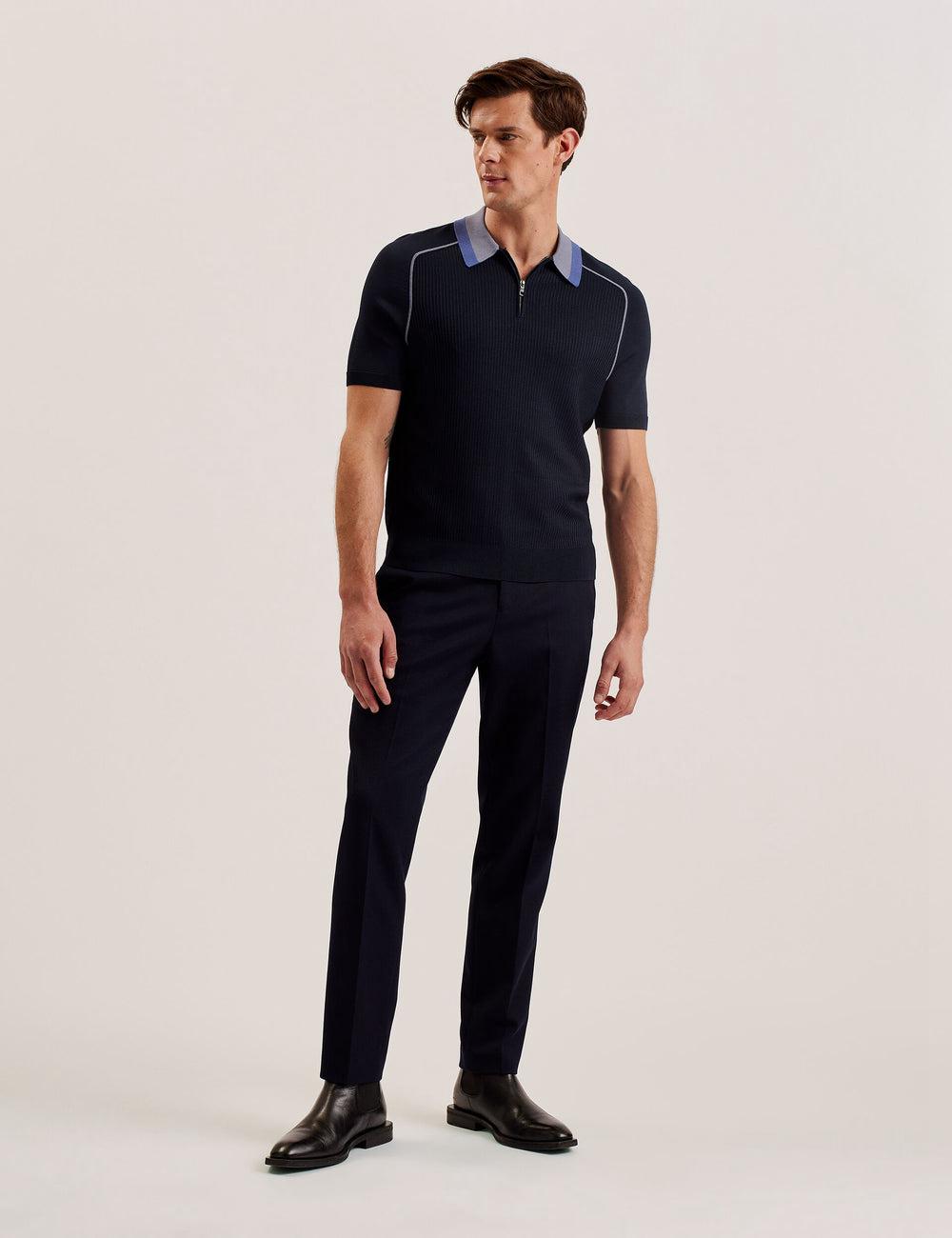 Men Ted Baker PAXTO - Textured Zip With Striped Collar Polos Shirts Navy | KSA  3827-NCXGY
