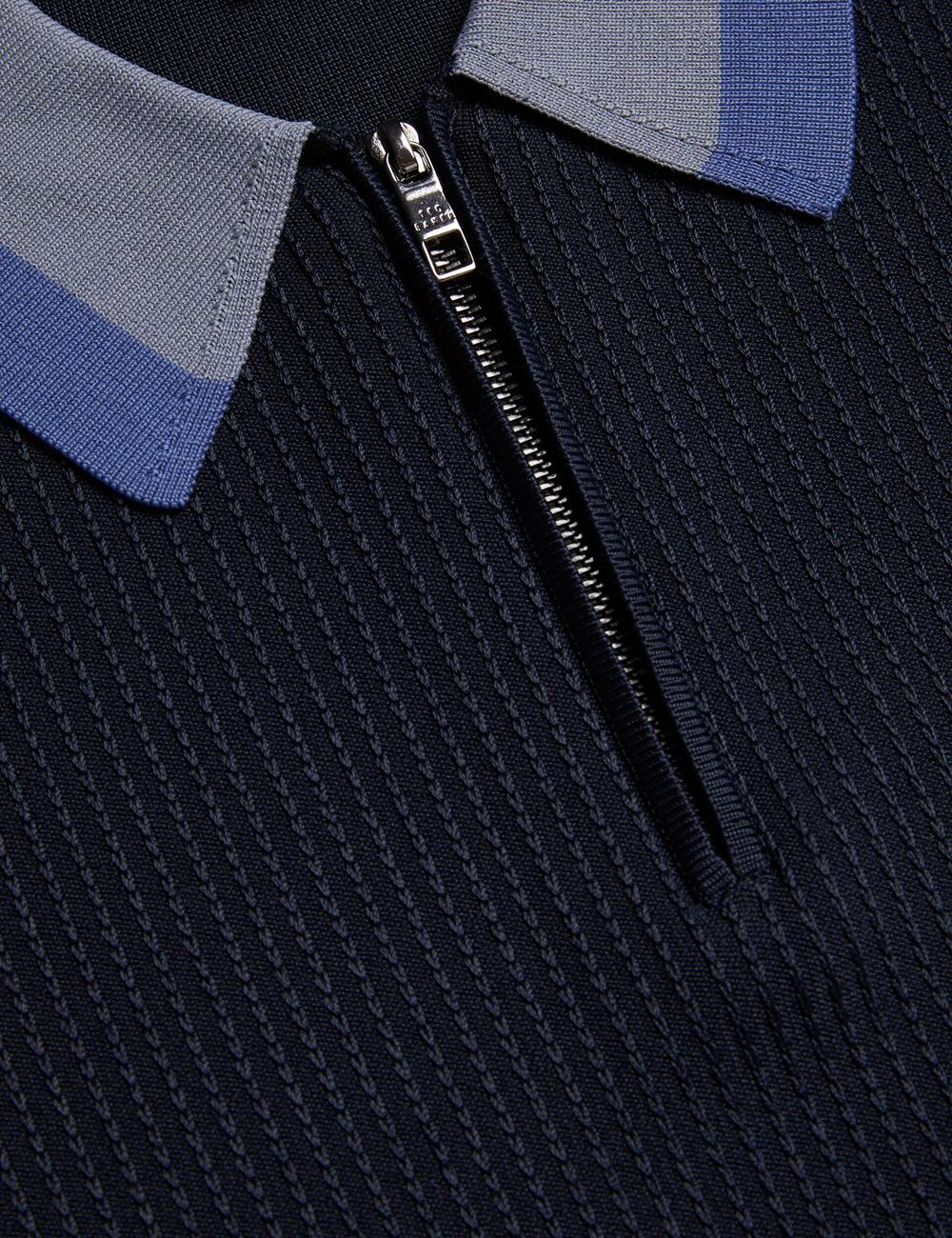 Men Ted Baker PAXTO - Textured Zip With Striped Collar Polos Shirts Navy | KSA  3827-NCXGY