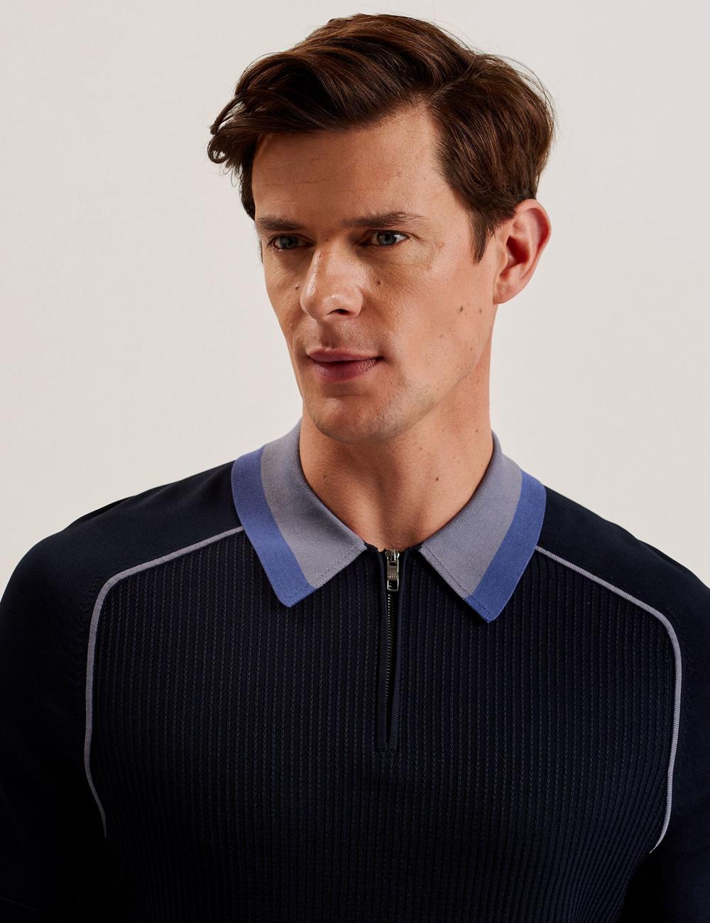 Men Ted Baker PAXTO - Textured Zip With Striped Collar Polos Shirts Navy | KSA  3827-NCXGY