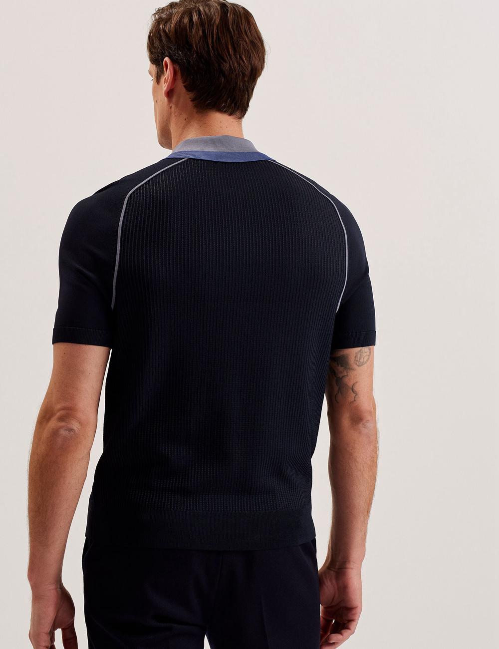 Men Ted Baker PAXTO - Textured Zip With Striped Collar Polos Shirts Navy | KSA  3827-NCXGY