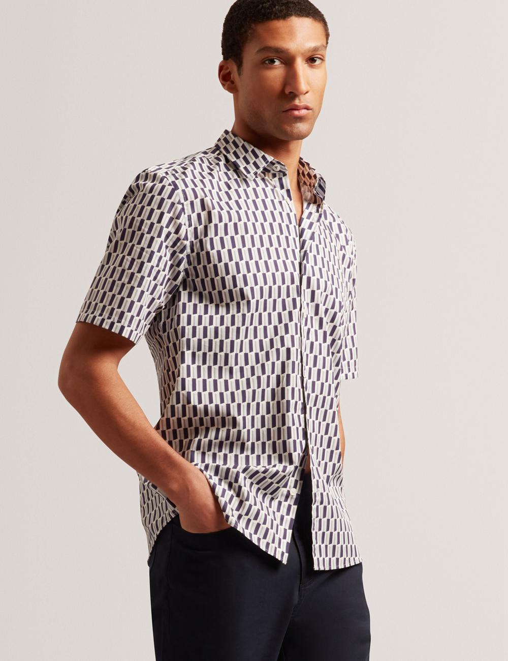 Men Ted Baker PEARSOS - Geo Print Short Sleeve Cotton Casual Shirts Navy | KSA  2934-XYPDW