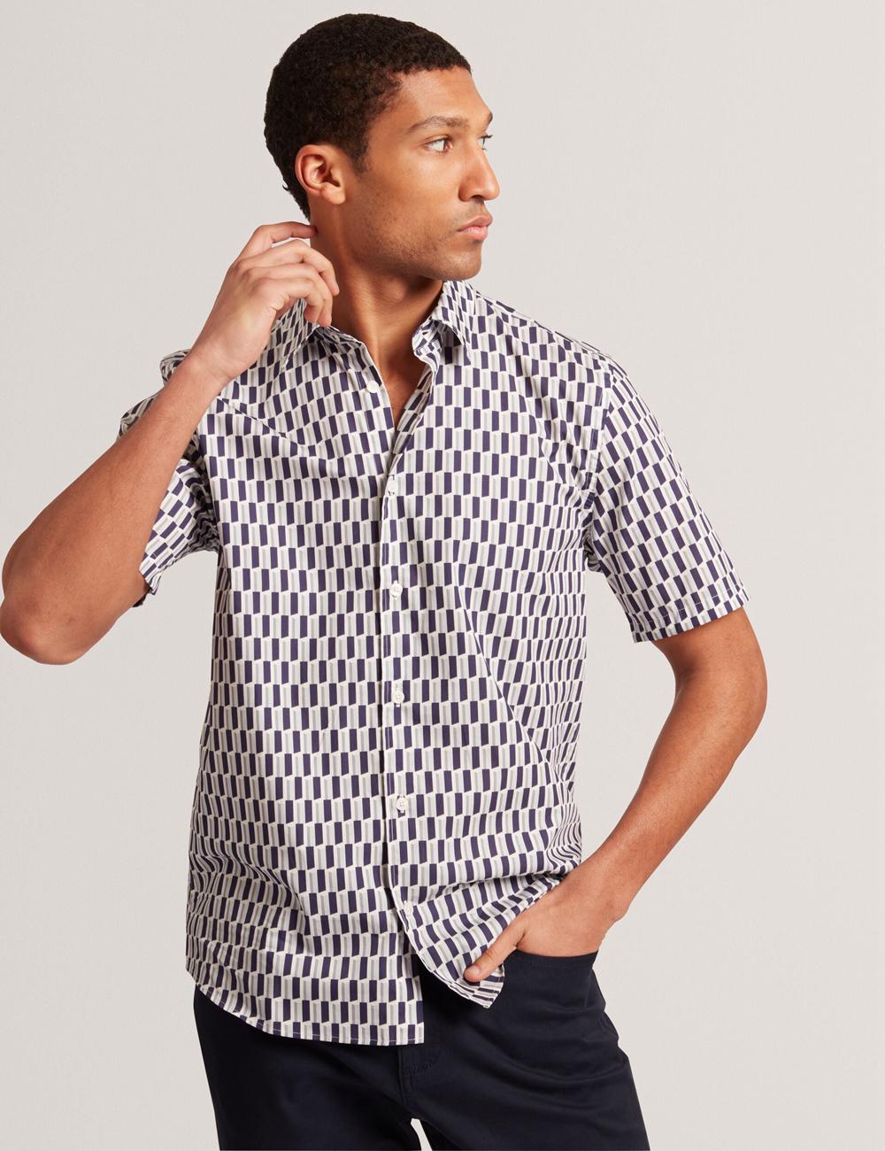 Men Ted Baker PEARSOS - Geo Print Short Sleeve Cotton Casual Shirts Navy | KSA  2934-XYPDW